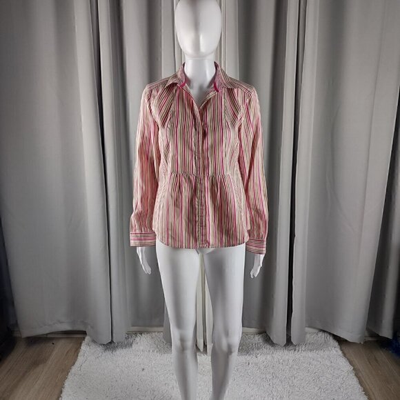 Liz Claiborne 100% Cotton White Tan Pink Striped Button Down Shirt Size Petite M - Picture 1 of 14